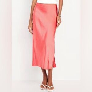 High-Waisted Coral Satin Midi Slip Skirt